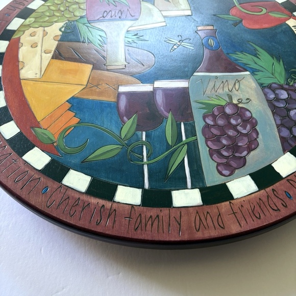 Sticks Handmade Lazy Susan 20" Wine and Cheese Wood Burned Hand Painted - Picture 4 of 10